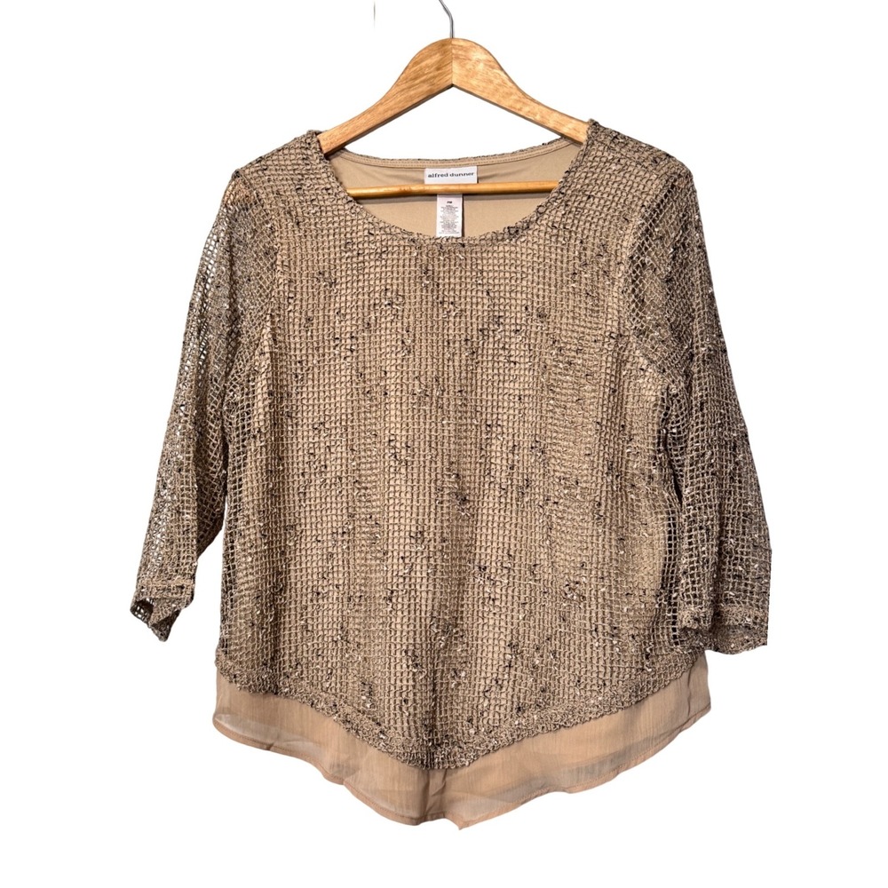 Alfred‎ Dunner Petite PM Embellished Net Overlay Blouse Beige